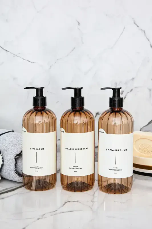 Liquid Soap, Dishwashing Detergent, Bleach. Labeled Pump Plastic Bottle, 3 pack, Light Brown, 500ml - 5