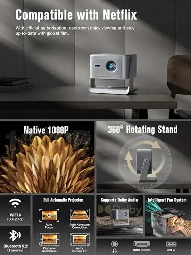 【2200ANSI & Officially-Licensed APP】Smart 4K Projector with WiFi and Bluetooth, VISSPL 3D Dolby Audio and Auto Focus Portable Outdoor Projector, Movie Home Theater Proyector with 360° Adjustable Stand - 3
