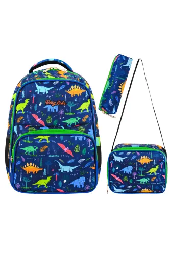 Lisanslı Dinozor Desenli 3'lü Set Ilkokul Çantası, Termal Beslenme Çantası Ve Kalem Kutusu Seti-Civit 