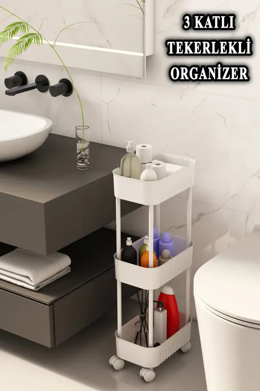 Lisbon Multi-Purpose 3-Tier Under Sink Organizer Cabinet Countertop Wheeled Organizer-WHITE - ARNİLLO