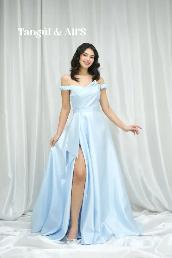 Lisbon Satin Draped Baby Blue Maxi Dress-Blue - 1