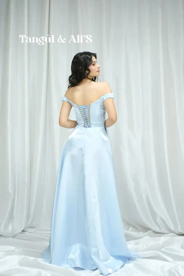 Lisbon Satin Draped Baby Blue Maxi Dress-Blue - 4