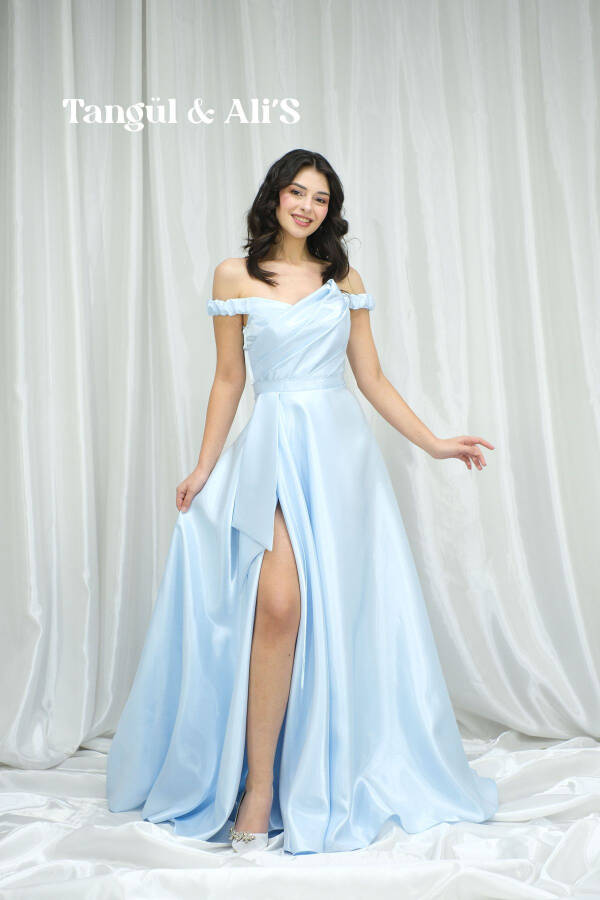 Lisbon Satin Draped Baby Blue Maxi Dress-Blue - 1