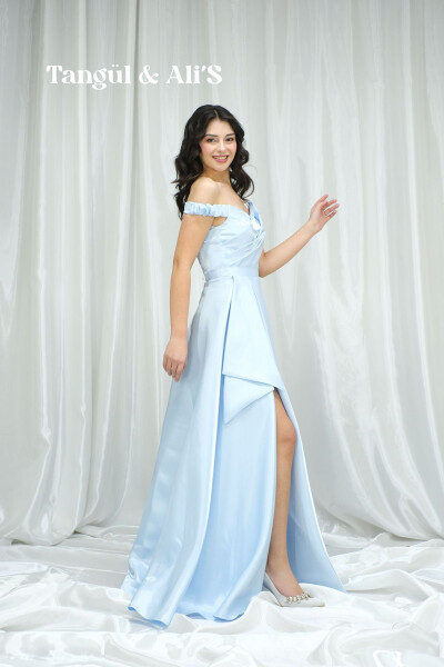 Lisbon Satin Draped Baby Blue Maxi Dress-Blue - 3