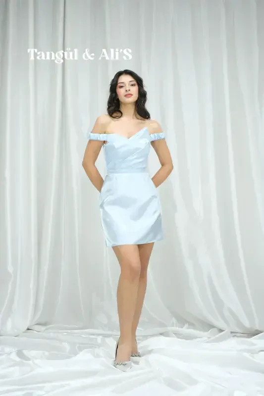 Lisbon Satin Draped Baby Blue Mini Dress-Blue - 2