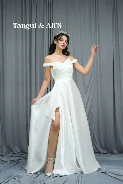 Lisbon Satin Draped White Maxi Dress-White - TANGÜL&ALI'S MODA EVI