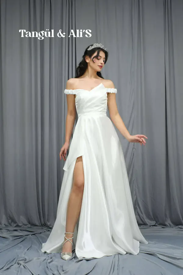 Lisbon Satin Draped White Maxi Dress-White - 2