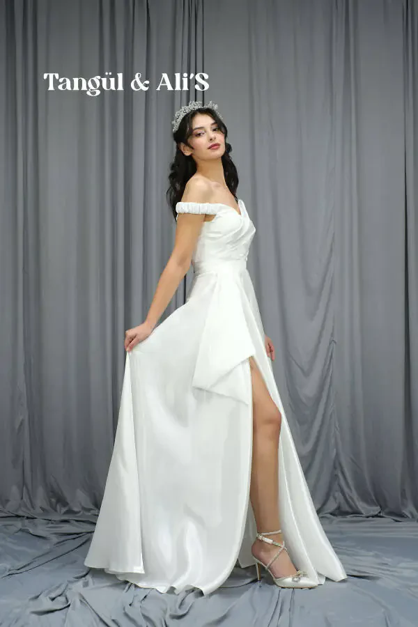 Lisbon Satin Draped White Maxi Dress-White - 3