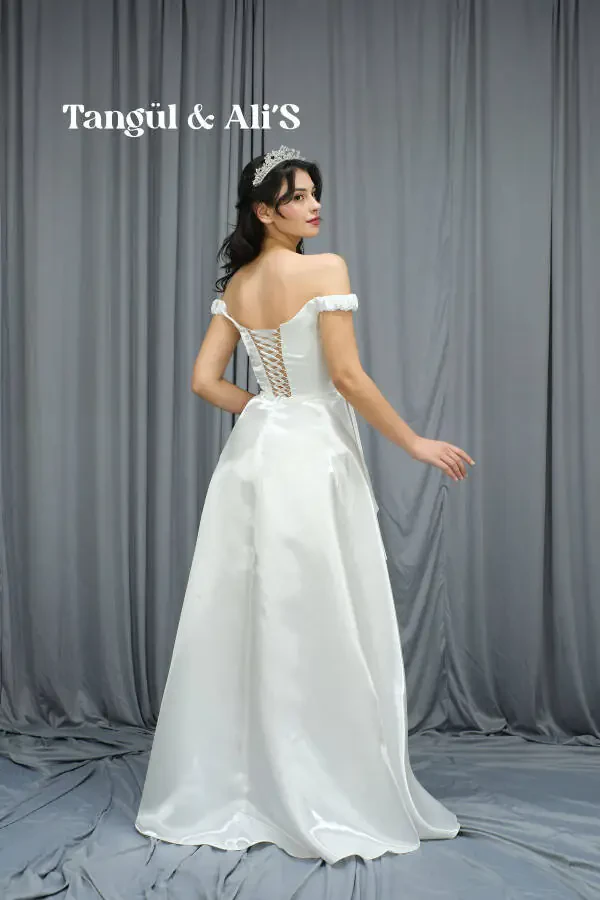 Lisbon Satin Draped White Maxi Dress-White - 4