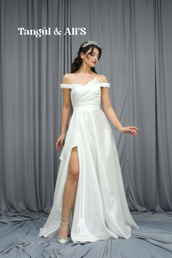 Lisbon Satin Draped White Maxi Dress-White - 2