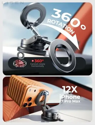 LISEN 2 Pack for MagSafe Car Mount [3800gf Strong Magnet&90+LBS Suction] 360° Adjustable Vacuum Magnetic Phone Holders for Your Car, for iPhone 18 Pro Max 17 16 15 14 13 12 Plus Air All Smartphone - 4