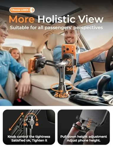 LISEN Upgraded Version Cup Holder Phone Holder 360° Adjustable Long Neck Car Phone Mount Golf Cart Phone Holder, Truck Jeep Accessories for iPhone 17 Air Pro Samsung Google and All 4-7'' Phone - 3