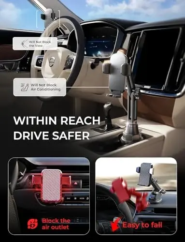 LISEN Upgraded Version Cup Phone Holder for Car 360° Adjustable Long Neck Car Phone Mount Golf Cart Phone Holder, Truck Jeep Accessories for iPhone 17 Air Pro Max Samsung Google and All 4-7'' Phone - 6