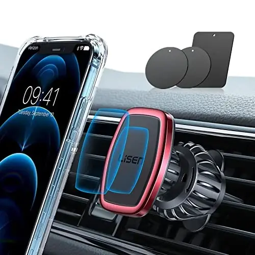 LISEN Avtomobil uchun magnitli telefon ushlagichi, takomillashtirilgan qisqichli ultra avtomobil telefon ushlagichi, 6 ta kuchli magnitli uyali telefon ushlagichi, magnitli g'ilofga mos telefon ushlagichi, 4-6,7 dyuymli smartfonlar uchun avtomobil ushlagichi (qizil) 