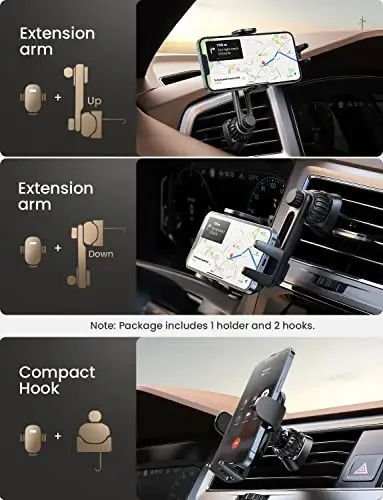 LISEN Cell Phone Car Mount for iPhone [Enjoy Never Blocking], Universal Car Phone Holder Vent Phone Mount for Car [2 Hook Kit] Hands Free Phone Car Mount Fits iPhone 16 15 14 Pro Max Plus Samsung - 1