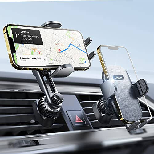 LISEN Cell Phone Car Mount for iPhone [Enjoy Never Blocking], Universal Car Phone Holder Vent Phone Mount for Car [2 Hook Kit] Hands Free Phone Car Mount Fits iPhone 16 15 14 Pro Max Plus Samsung - 1