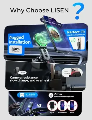 LISEN for 15W MagSafe Car Mount Charger, iPhone Wireless Car Charger Ultra Magnetic 2024 New Car Phone Holder Mount, Long Arm Car Phone Mount Charger Vent Fit iPhone 15 Pro Max 14 13 12 MagSafe Case - 5