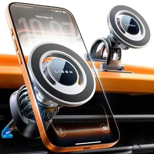 LISEN for Magsafe Car Mount, Magnetic Phone Holder for Car Vent Phone Mount, Hands Free Phone Mount for Car Accessories Dashboard Windshield Vent Cell Phone Holder for iPhone Car Mount Silver - 2