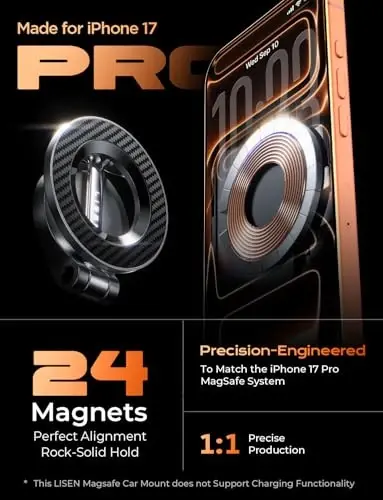 LISEN for MagSafe Car Mount, Magnetic Phone Holder for iPhone, Carbon Fiber | Super Compact Foldable Phone Holder for Car, 24 Strong Magnets Power for iPhone 12-17 Series, Classic 3M Adhesive No Residue - 3