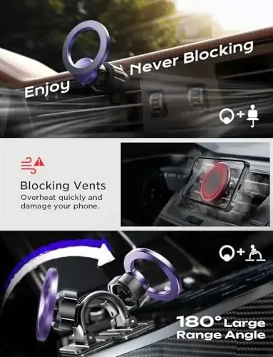 LISEN for MagSafe Car Mount, Magnetic Phone Holder, 360 Hands Free Vent iPhone Magnetic Car Mount, Magnet Phone Holder with Dashboard Pads & Mats for iPhone 17 16 15 14 13 12 Pro Max Plus Mini,Purple - 5