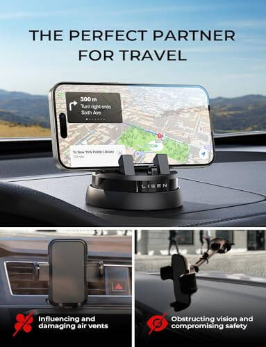 LISEN Car Phone Holder,360° Rotatable Dashboard Cell Phone Holder,Car Travel Essentials for Long Trips,Multifunctional Car Accessories Fit for iPhone 16 Pro Max/15/14/13/12/11,Samsung - 2