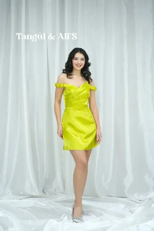 Лиссабонское атласное драпированное зеленое мини-платье-зеленый - TANGÜL&ALI'S MODA EVI