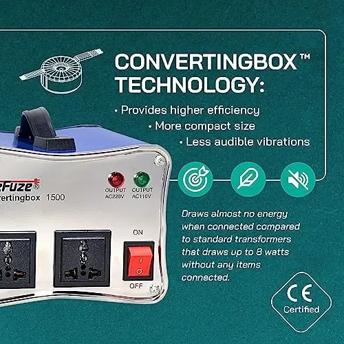 LiteFuze 1500W Voltage Converter - 110v to 220v & 220v to 110v Step-Up/Down Transformer - Dual Circuit Breaker Protection - Universal Output - Converting Box Tech - CE Certified - 6