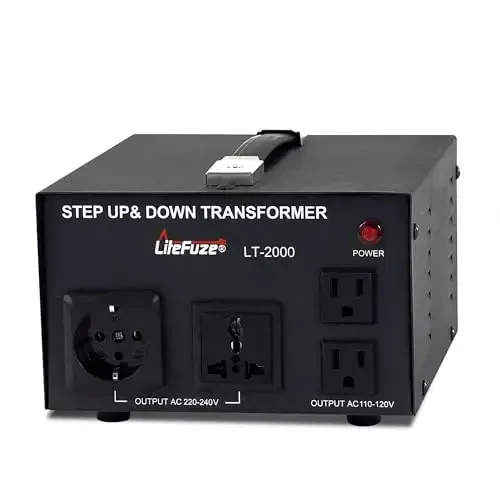 LiteFuze LT Series 2000 Watt kuchlanish konvertori transformatori Yuqori/Pastga - 110v dan 220v gacha / 220v dan 110v gacha quvvat konvertori - To'liq topraklangan sim - Universal rozetka, Idoralar sertifikatlangan - 1