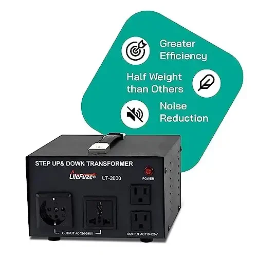 LiteFuze LT Series 2000 Watt kuchlanish konvertori transformatori Yuqori/Pastga - 110v dan 220v gacha / 220v dan 110v gacha quvvat konvertori - To'liq topraklangan sim - Universal rozetka, Idoralar sertifikatlangan - 4