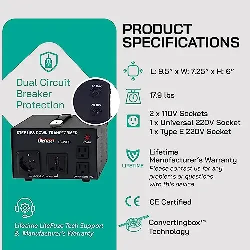 LiteFuze LT Series 2000 Watt kuchlanish konvertori transformatori Yuqori/Pastga - 110v dan 220v gacha / 220v dan 110v gacha quvvat konvertori - To'liq topraklangan sim - Universal rozetka, Idoralar sertifikatlangan - 5