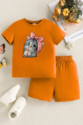 Little Cat Printed Orange Kids Shorts T-shirt Set - Girl Boy Kids Summer Bicycle Collar - DUBU BUTİK (1)