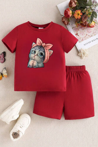 Little Cat Printed Red Kids Shorts T-shirt Set - Girl Boy Kids Summer Bike Collar - DUBU BUTİK (1)