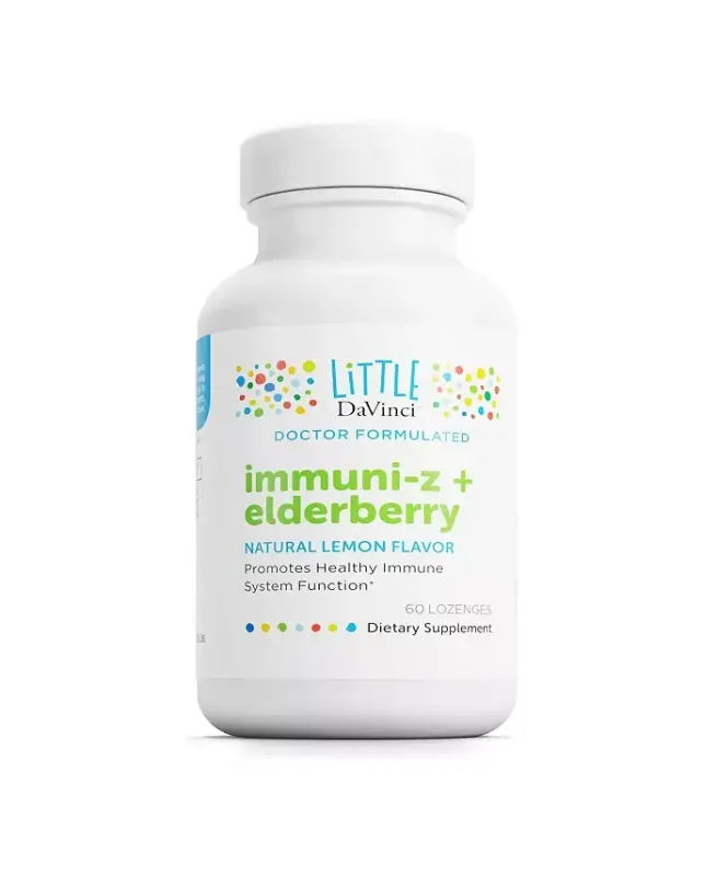 Little DaVinci Immuni-z + Elderberry - иммунитетни, соғлом ўпка ва томоқ тўқималарини қўллаб-қувватлаш учун болалар учун рухли таблеткалар - D3 витамини, рух, қора анжир ва бошқалар билан - Лимон таъми - DAVINCI LABS