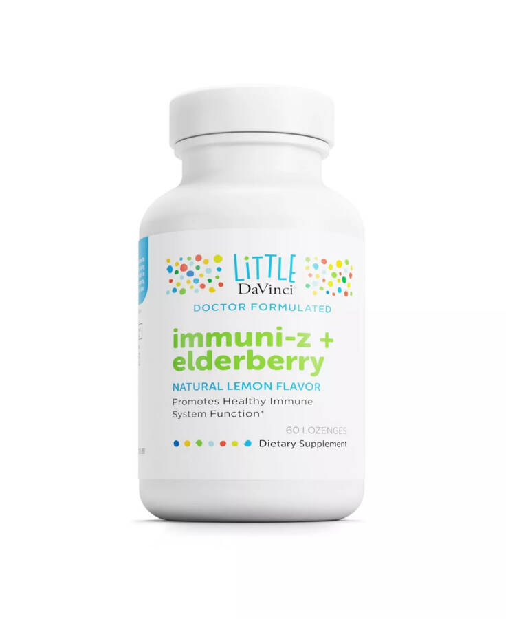 Little DaVinci Immuni-z + Elderberry - Kids Zinc Lozenge to Support Immune Health, Healthy Lungs and Throat Tissue - With Vitamin D3, Zinc, Elderberry and More - Lemon Flavor No Color - 1