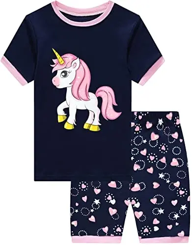 Little Girls Pajamas Qisqa Yengli 100% Paxta Bolalar Pijama Suv Pari Kiyimi Unicorn Pijama Yozgi Kiyimlar To'plami 1-7T - 1