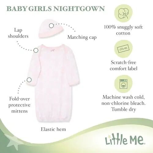 Little Me Baby Girls uchun 2 qismli tungi ko'ylak va shapka to'plami, 100% paxta elastik pastki qismi bilan, chaqaloq uchun zarur narsalar, 0-3 oy - 2