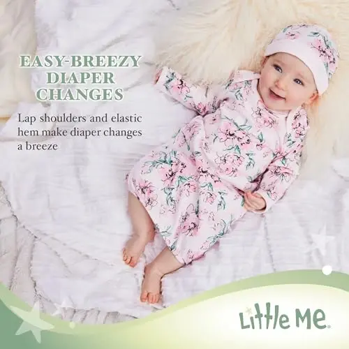 Little Me Baby Girls uchun 2 qismli tungi ko'ylak va shapka to'plami, elastik pastki qism bilan 100% paxta, chaqaloq uchun zarur narsalar, 0-3 oy - 3