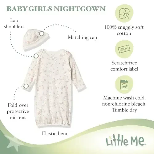 Little Me Clothes for Baby Girls' 2-Piece Nightgown and Cap Set 100% Cotton with Elastic Bottom, Baby Essentials, 0-3 Months - 6