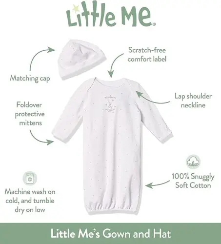 Little Me Clothes for Baby Girls' 2-Piece Nightgown and Cap Set 100% Cotton with Elastic Bottom, Baby Essentials, 0-3 Months - 3