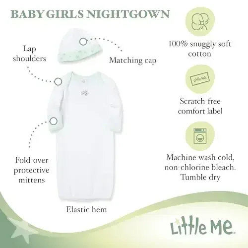 Little Me Clothes for Baby Girls' 2-Piece Nightgown and Cap Set 100% Cotton with Elastic Bottom, Baby Essentials, 0-3 Months - 2