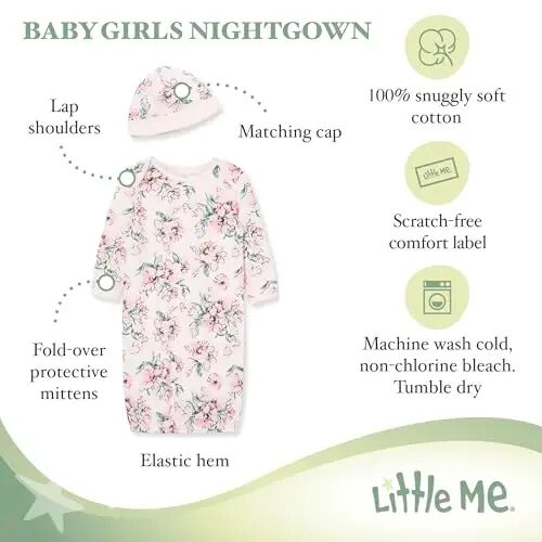 Little Me Clothes for Baby Girls' 2-Piece Nightgown and Cap Set 100% Cotton with Elastic Bottom, Baby Essentials, 0-3 Months - 2
