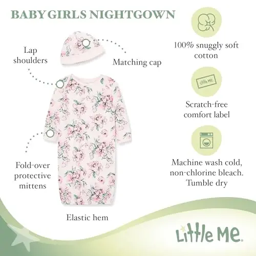 Little Me Clothes for Baby Girls' 2-Piece Nightgown and Cap Set 100% Cotton with Elastic Bottom, Baby Essentials, 0-3 Months - 2