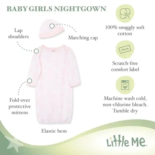 Little Me Clothes for Baby Girls' 2-Piece Nightgown and Cap Set 100% Cotton with Elastic Bottom, Baby Essentials, 0-3 Months - 2