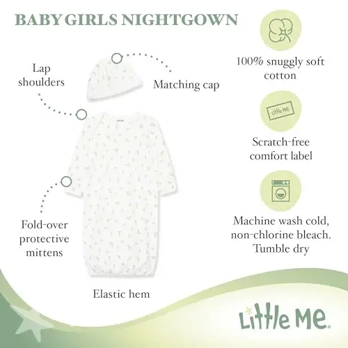 Little Me Clothes for Baby Girls' 2-Piece Nightgown and Cap Set 100% Cotton with Elastic Bottom, Baby Essentials, 0-3 Months - 2