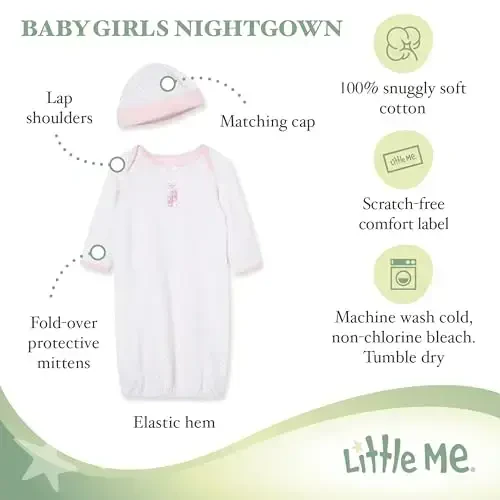 Little Me Clothes for Baby Girls' 2-Piece Nightgown and Cap Set 100% Cotton with Elastic Bottom, Baby Essentials, 0-3 Months - 2
