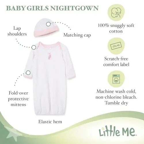 Little Me Clothes for Baby Girls' 2-Piece Nightgown and Cap Set 100% Cotton with Elastic Bottom, Baby Essentials - Little Me (1)