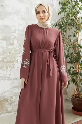 Liva Kolları Taşlı Abaya - Gül Kurusu - Gül Kurusu - VAVİNOR (1)