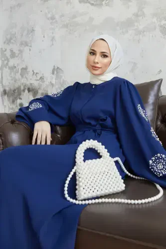 Liva Kolları Taşlı Abaya - Indigo-Indigo - VAVİNOR (1)