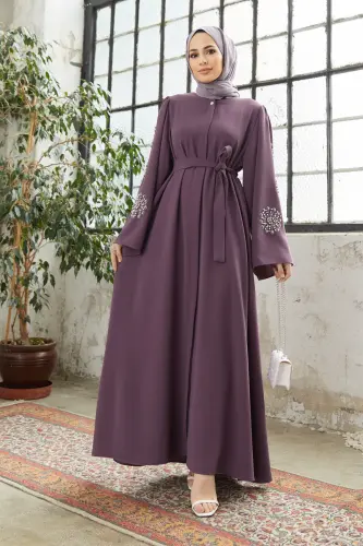 Liva Kolları Taşlı Abaya - Leylak-Leylak 