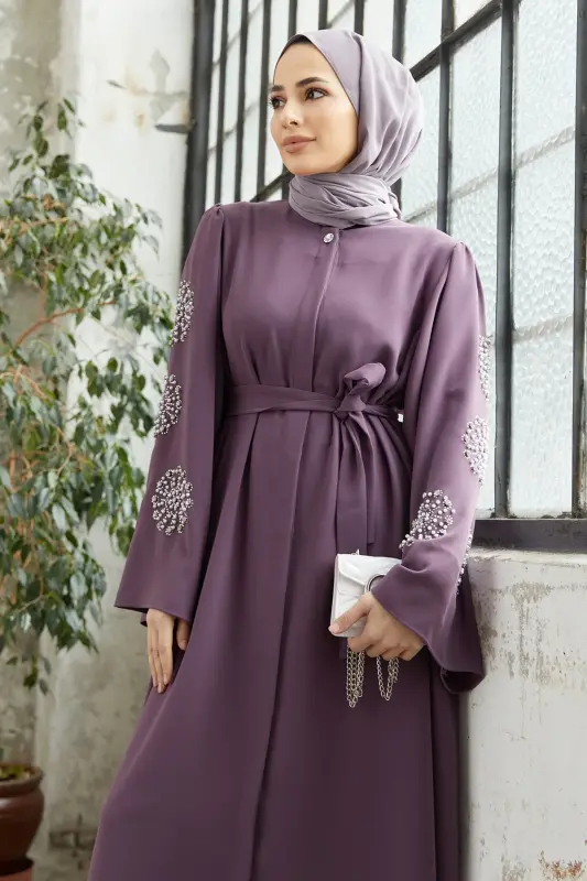 Liva Kolları Taşlı Abaya - Leylak - Leylak - 2